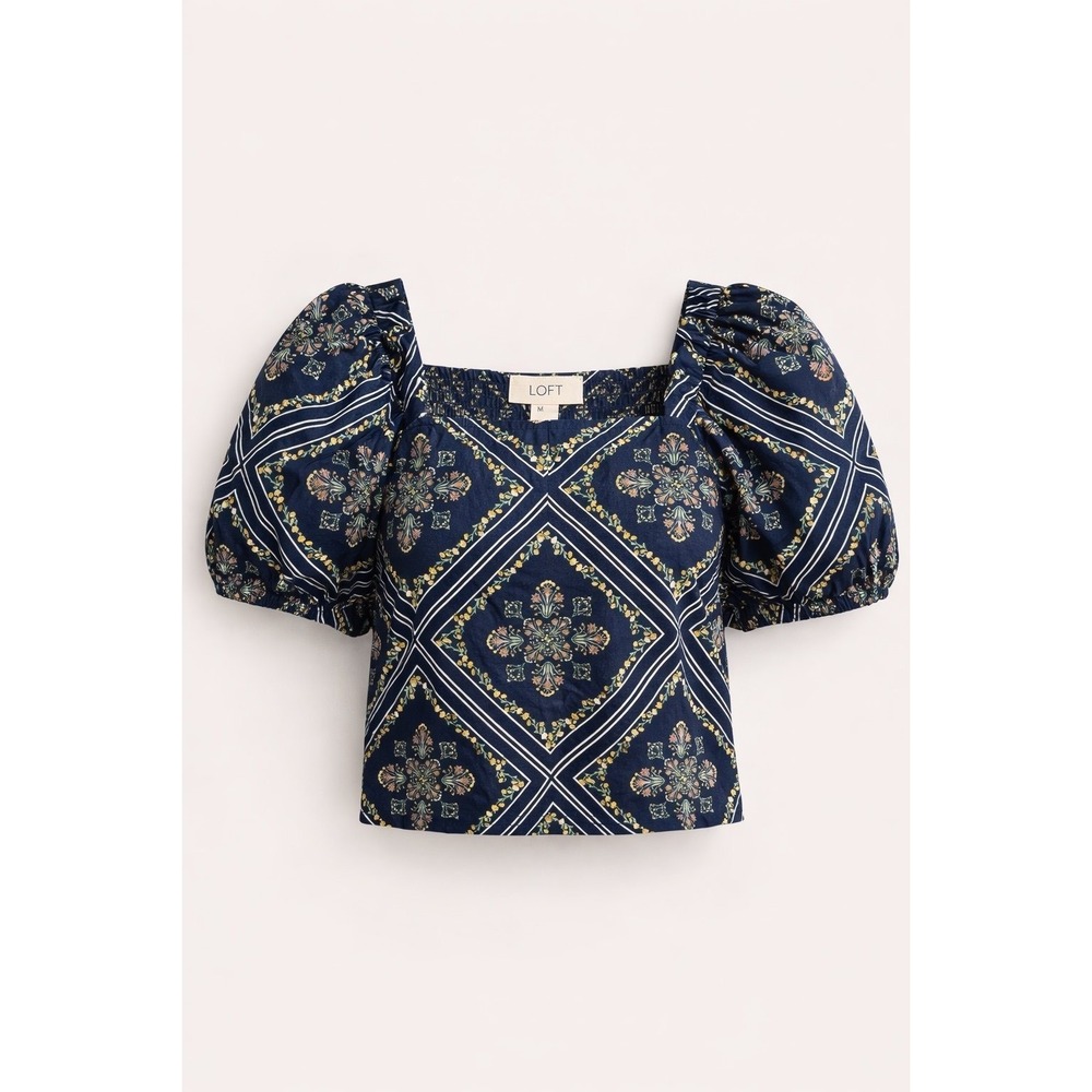LOFT Navy Puff Sleeve Smocked Cotton Crop Top Floral Size‎ M